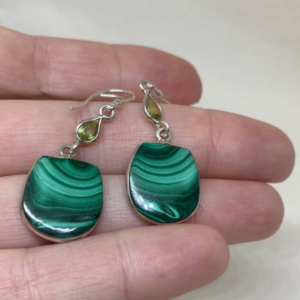 Malachite Earrings W/Peridot Accents | Solid Sterling Silver Earrings